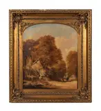 Untitled (Figural Landscape with Cottage) by Edmund Johann Niemann, oil on canvas, sold Apr 2024