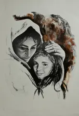 Untitled by David Malcom, lithograph completed in watercolor of a mother and daughter, offered Jan 2019