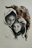 Untitled by David Malcom, lithograph completed in watercolor of a mother and daughter, offered Jan 2019