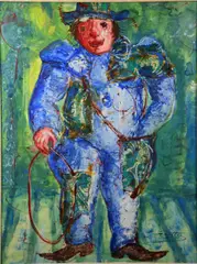 painting by Jean Marie Gouttin, mixed media with collage on paper, sold Jan 2019