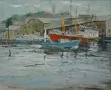 modernist harbor painting by George Schwacha, oil on masonite, sold Jan 2019