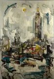 modernist cityscape painting by George Schwacha, oil on board,, sold Jan 2019