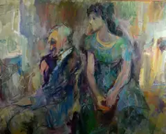 modernist painting depicting a man and young girl by Lucy Glick, oil on canvas, sold Jan 2019