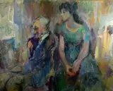 modernist painting depicting a man and young girl by Lucy Glick, oil on canvas, sold Jan 2019