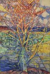 Untitled by Tom Dearden, Watercolour, a vibrant cubist inspired study of a tree in winter, signed and dated, sold May 2026