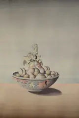 Untitled by Gordon Davy, Watercolour, a surrealist still life study of a bowl of fruit, signed and dated, sold Apr 2026
