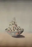 Untitled by Gordon Davy, Watercolour, a surrealist still life study of a bowl of fruit, signed and dated, sold Apr 2026