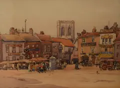 Untitled by Frederick Lawson, Watercolour, a town centre market scene, signed and dated, sold Apr 2026