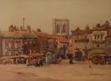 Untitled by Frederick Lawson, Watercolour, a town centre market scene, signed and dated, sold Apr 2026