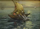 Untitled by Jose Di Castro, Oil on board, fishermen at sea pulling in nets, signed and dated, sold Mar 2026