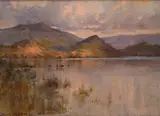 Untitled by David Hewitt, Oil on board, a mountainous lake scene with cattle at sunset, signed and dated, sold Mar 2026