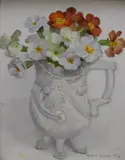Untitled by Audrey Johnson, Oil on board still life, Primulas in a moulded white jug, signed and dated, sold Mar 2026