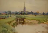 Untitled by William Alistar Macdonald, 1901, Watercolour, a pastoral landscape with canal and church, signed and dated, sold Mar 2026