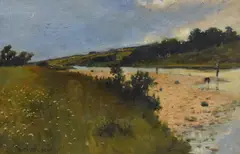 Untitled by William George Robb, Oil on canvas, a Scottish summer river scene with figures, signed and dated, sold Feb 2026