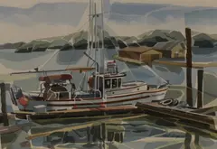 Untitled by Jack Campbell, Watercolour, depicting a docked fishing boat, sold Feb 2026