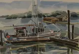 Untitled by Jack Campbell, Watercolour, depicting a docked fishing boat, sold Feb 2026