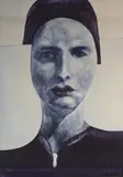 Homage to Herb Ritze' an expressionistic portrait of a woman in cool tones by James Palmer, Acrylic on board, sold Dec 2025