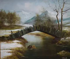 Slaters Bridge, Lake District by W Howarth, Oil on board, sold Dec 2025