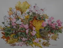 Before the Frost' depicting a small bird possibly a dunnock amongst autumnal foliage by Elizabeth Walsh, Watercolour, sold Dec 2025