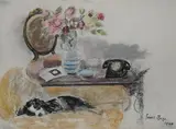 Still life with sleeping spaniel by Paul Maze, 1948, Pastel on blue paper, sold Mar 2026