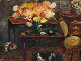 Interior with sleeping spaniels and flowers on a tabl by Paul Maze, Oil on board, sold Mar 2026