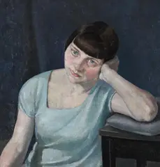 Girl in a blue dress (portrait of cissie barnes) by Harry Rutherford, Oil on canvas, sold Mar 2026