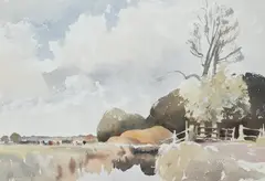 Cattle in a river landscape with woodland beyond by Edward Seago, Watercolour and pencil, sold Mar 2026