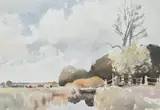Cattle in a river landscape with woodland beyond by Edward Seago, Watercolour and pencil, sold Mar 2026