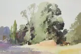 A haystack in a country landscape by Edward Seago, Watercolour and pencil, sold Mar 2026