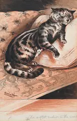 The softest cushion in the world by Louis Wain, Ink, watercolour and red chalk, heightened with touches of white, sold Mar 2026