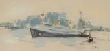 A liner and tugs by Paul Maze, Pastel on buff paper, sold Mar 2026