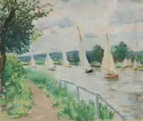 Boats on a river by Paul Maze, Pastel on buff paper, sold Mar 2026