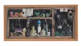 Still life of glass vessels on a shelf by Deborah Jones, Oil on board, sold Mar 2026