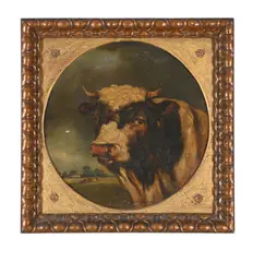 Portrait of a bull by J. Preston, Oil on canvas, framed tondo, sold Mar 2026