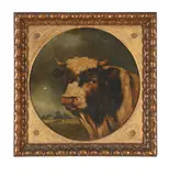 Portrait of a bull by J. Preston, Oil on canvas, framed tondo, sold Mar 2026