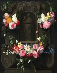 Swags of flowers surrounding a cartouche with the virgin and child by Daniel Seghers, Oil on panel, sold Feb 2026
