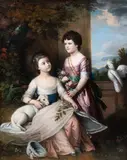 Emily and georgina mason with a lamb and cockatoo in a landscape by George James, Oil on canvas, sold Feb 2026