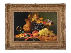 Still life of fruit and nuts with a glass by Edward Ladell, Oil on panel, sold Feb 2026