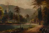 River landscape with church and boat by George Willis-Pryce, Oil on canvas, sold Feb 2026
