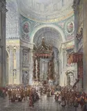 A procession in the st. peter's basilica by Thomas Greenhalgh, Watercolour heightened with white, sold Feb 2026