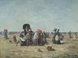 In the manner of eugène boudin, figures on a beach by C. Dupré, Oil on panel, sold Feb 2026