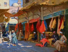 The leather market cairo by Alberto Rossi, Oil on board, sold Feb 2026