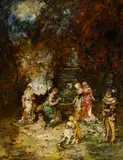 Figures by a statue by Adolphe Joseph Thomas Monticelli, Oil on panel, sold Feb 2026