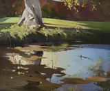 Girl amongst daffodils by a pond by Lancelot Percival Roberts, Oil on canvas, sold Feb 2026