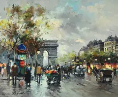 The champs elysees with the arc de triomphe beyond by Antoine Blanchard, Oil on canvas, sold Feb 2026
