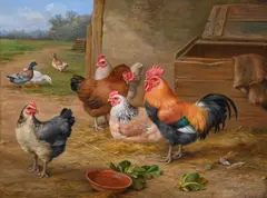 Cockerel and hens by Edgar Hunt, Oil on board, sold Feb 2026