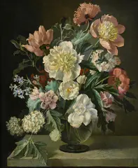 Poppies and other flowers in a vase on a ledge by Gerald Cooper, Oil on board, sold Feb 2026