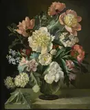 Poppies and other flowers in a vase on a ledge by Gerald Cooper, Oil on board, sold Feb 2026