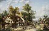 Figures with horses in a village by Edwin Masters, Oil on canvas, sold Feb 2026