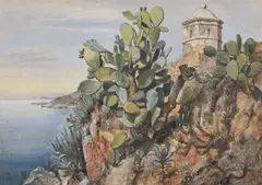 Opuntia (prickly pear cactus) on the walls by Edward William Cooke, Oil and pencil on paper laid to card, sold Feb 2026
